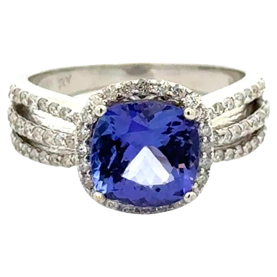 2.50 Carat Cushion Tanzanite Diamond Gold Triple Row Shank Vintage Ring For Sale