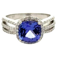 2.50 Carat Cushion Tanzanite Diamond Gold Triple Row Shank Vintage Ring 2.50 Carat Cushion Tanzanite Diamond Gold Triple Row Shank Vintage Ring