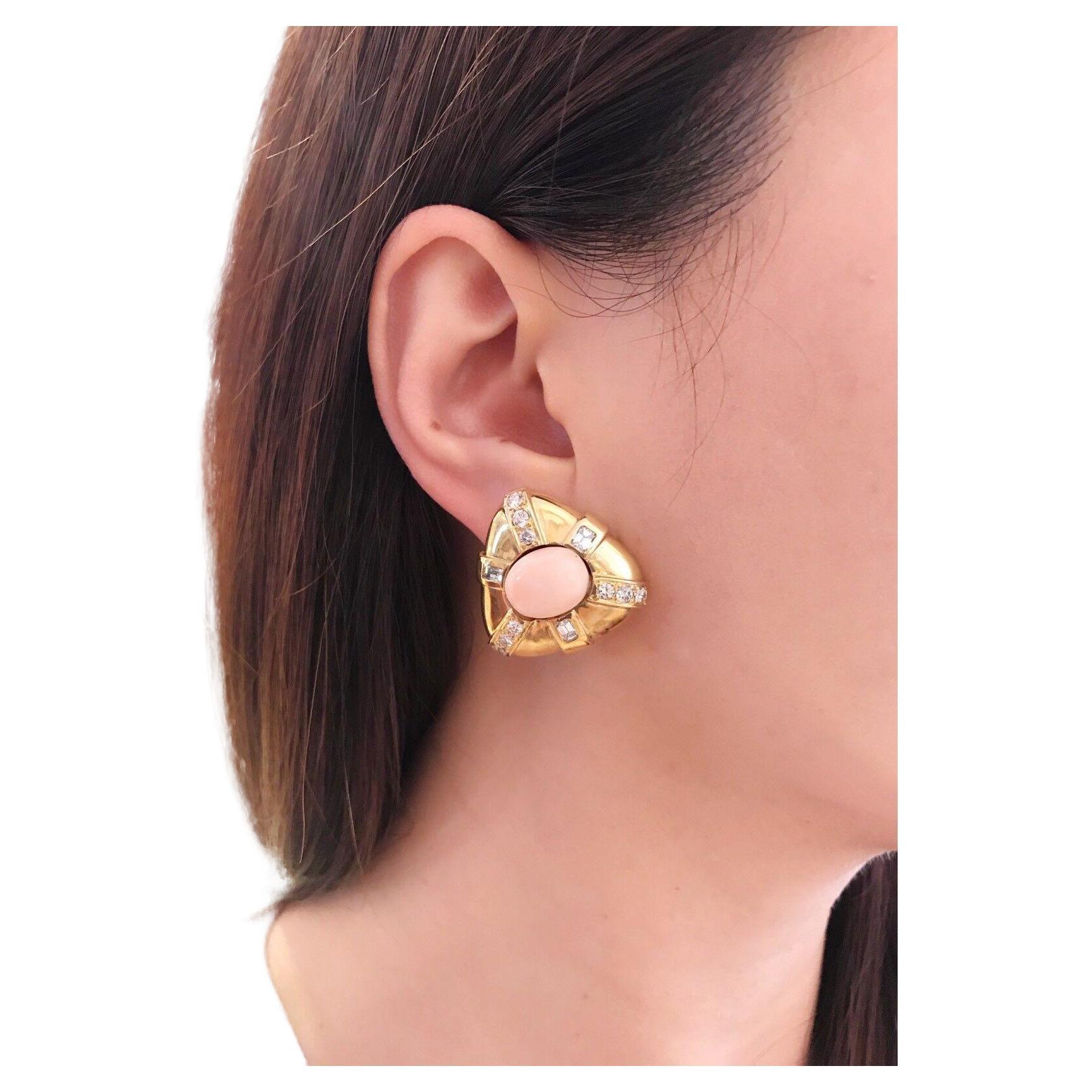 2.50 carat Diamond and Angelskin Coral Earrings in 18K Yellow Gold For Sale