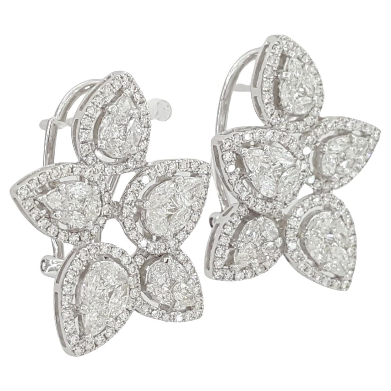 2.5 ct Round, Pear, Marquise, & Princess Brilliant Cut Diamond Flower Shape Cluster Halo 18k White Gold Clip-On Earrings.
E/F color
vs1/vs2 clarity