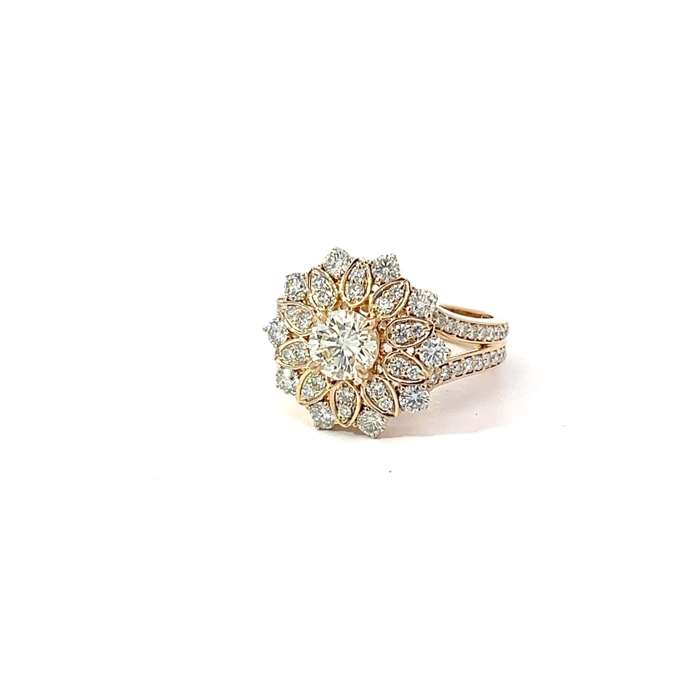Large bespoke 18 karat gold diamond cluster flower design ring is a stunning piece showcasing a total weight of 2.50 carat of natural diamonds. The centrepiece is a 1.02 carat diamond, accompanied by a GIA certificate validating its quality. Its an