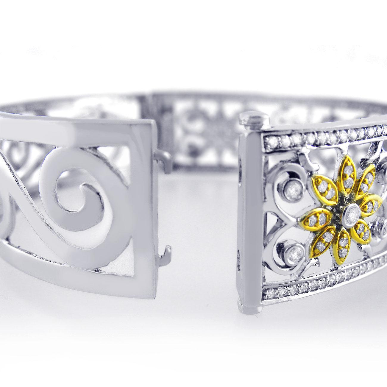 2.50 Carat Diamond Floral Hinged Bangle Bracelet 14k White Gold For Sale 4