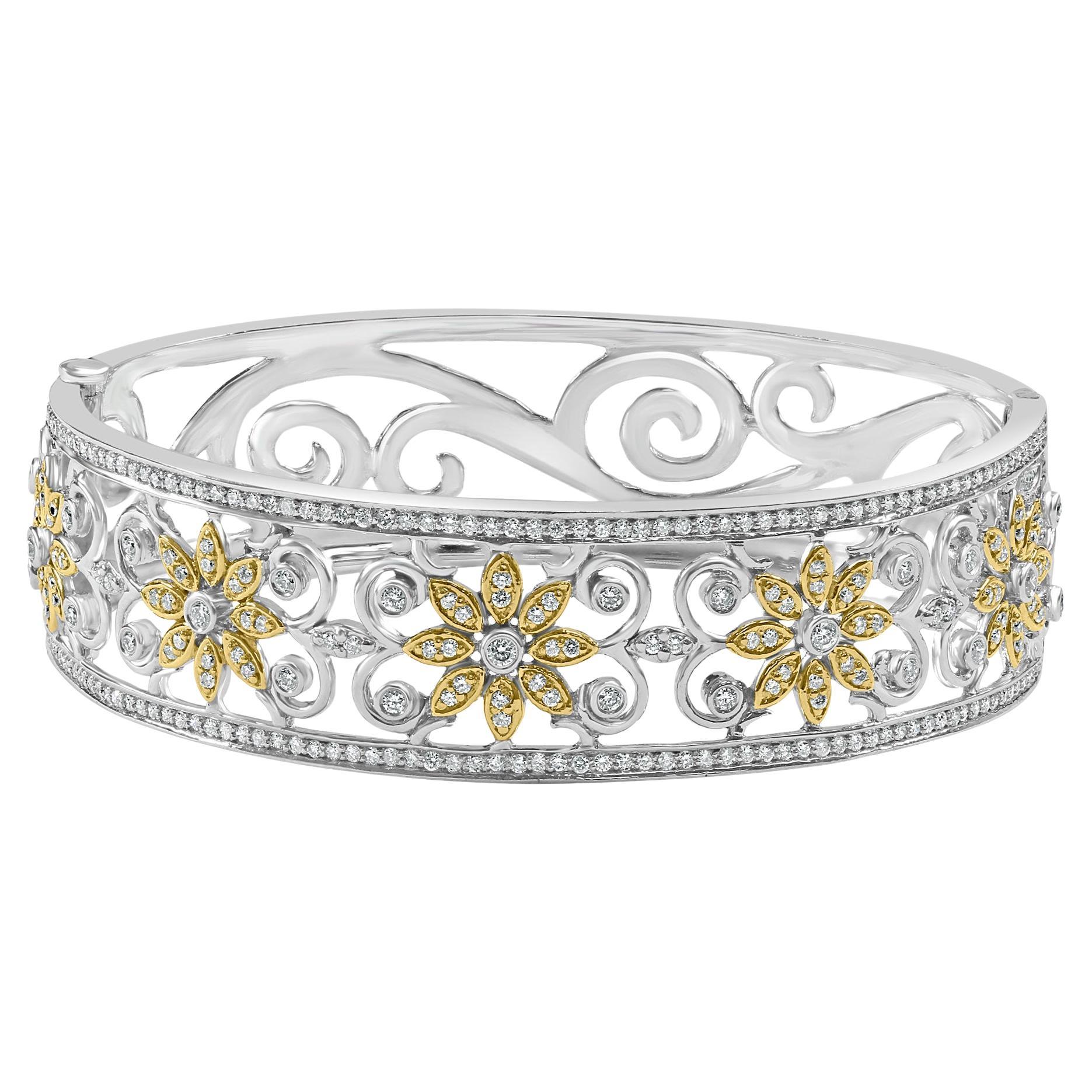 2.50 Carat Diamond Floral Hinged Bangle Bracelet 14k White Gold