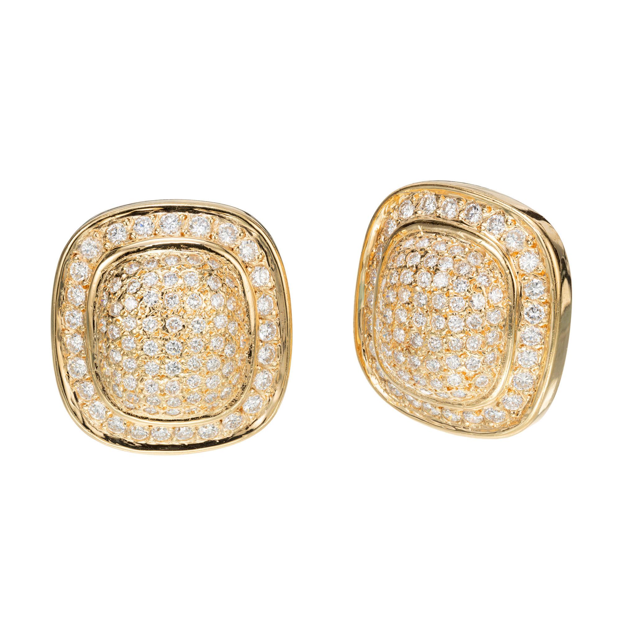 1970's Domed cushion shaped diamond earrings. 150 full cut diamonds set in dome clip poste 14k yellow gold settings.  

150 full cut diamonds approx. total weight 2.50cts, G-H, Vs-SI
14k Yellow Gold
Stamped: 14k
23.6 grams
Length: 23.92mm or .94