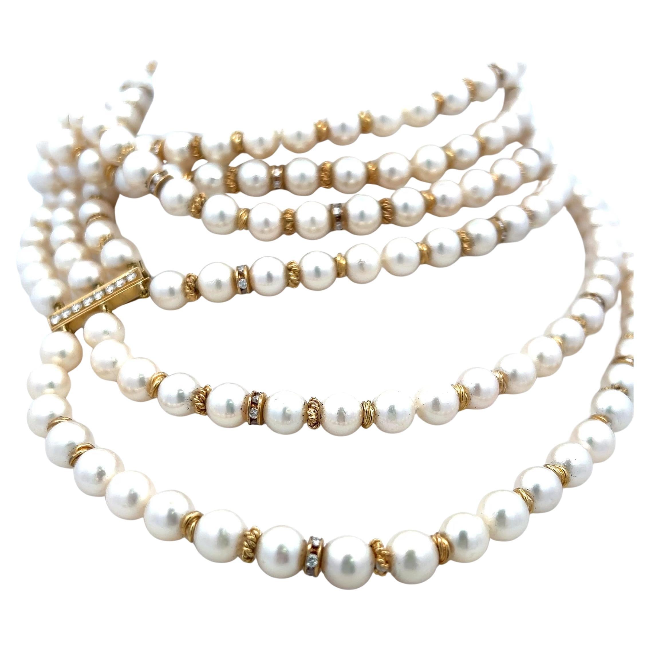 Collier de perles et de diamants de 2,50 carats en or jaune 18 carats Vintage Estate