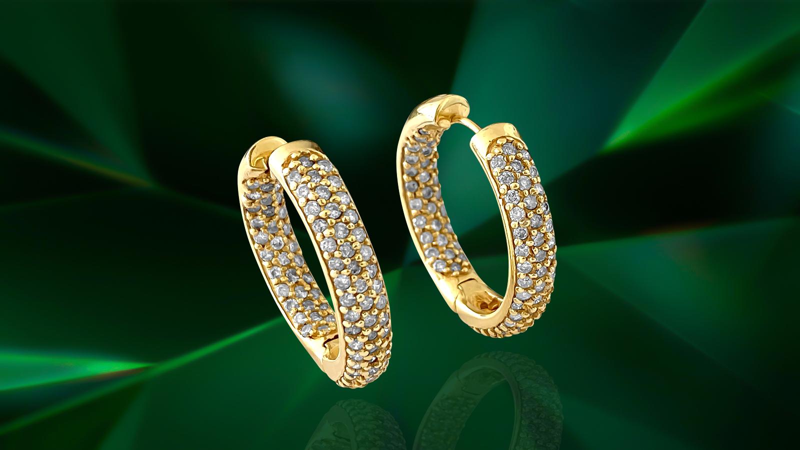 Metal: 14K Yellow gold. 

2.50 carat diamonds total. VS clarity and F-G color. Round brilliant cut. 100% natural earth mined. Diamonds set in the interior and exterior of the diamonds, making it rare piece of fine jewelry. 
High luster and shine in