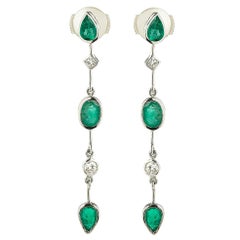 2.50 Carat Emerald Diamond Dangle Drop 18 Karat White Gold Earrings