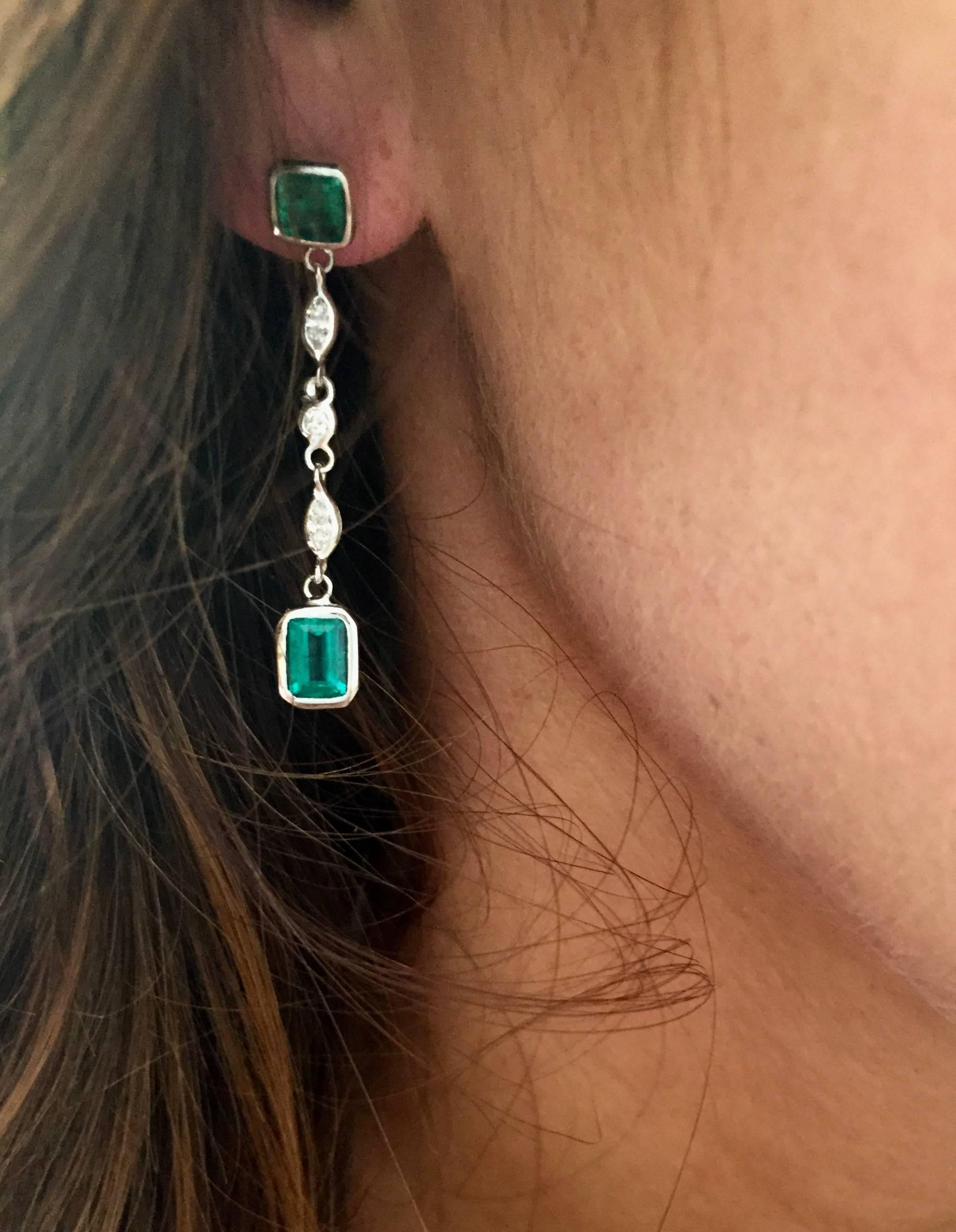 Contemporary Marquise Diamond Emerald 1.5 Inch Long Drop Earrings Weighing 2.95 Carats 