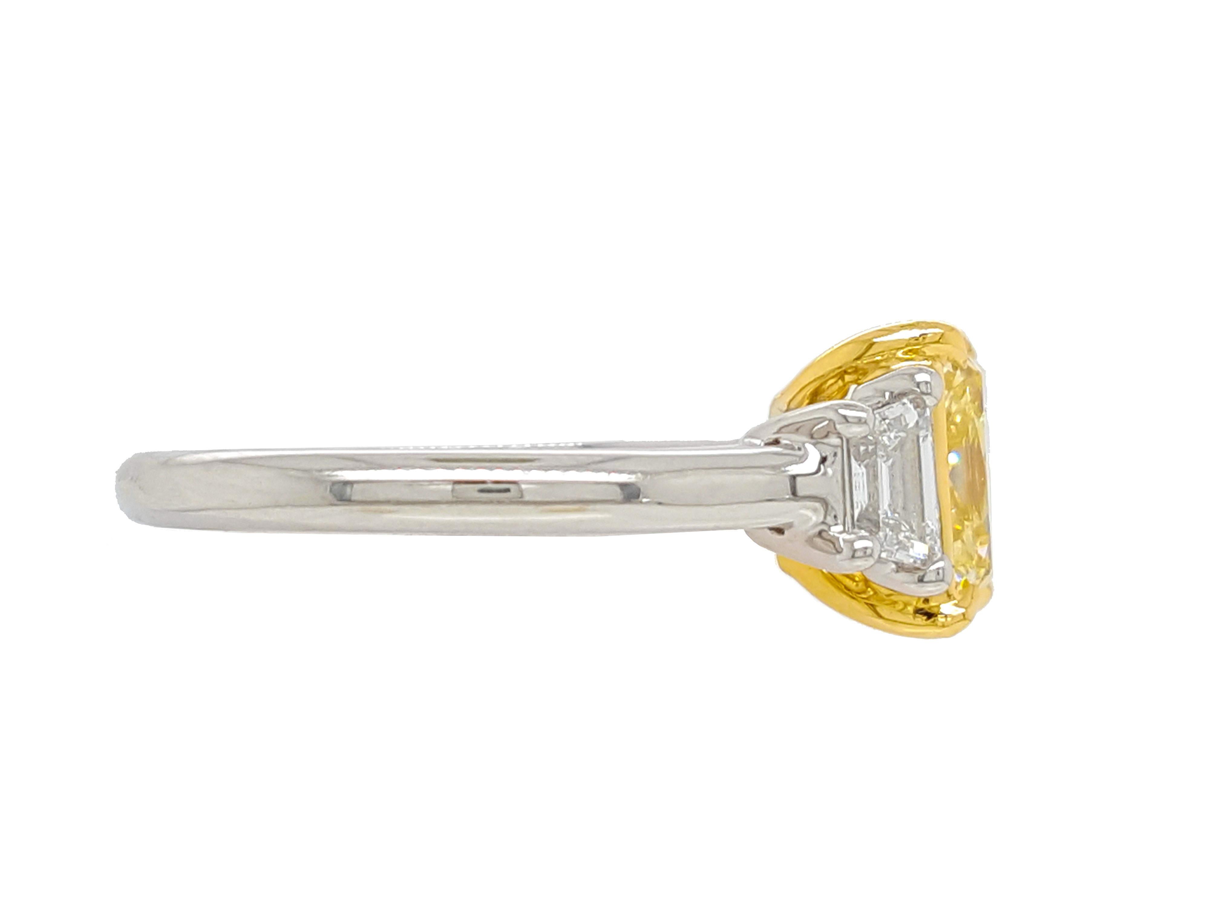 Contemporary 2.50 Carat Fancy Yellow Diamond Three-Stone Engagement Ring, GIA Report For Sale