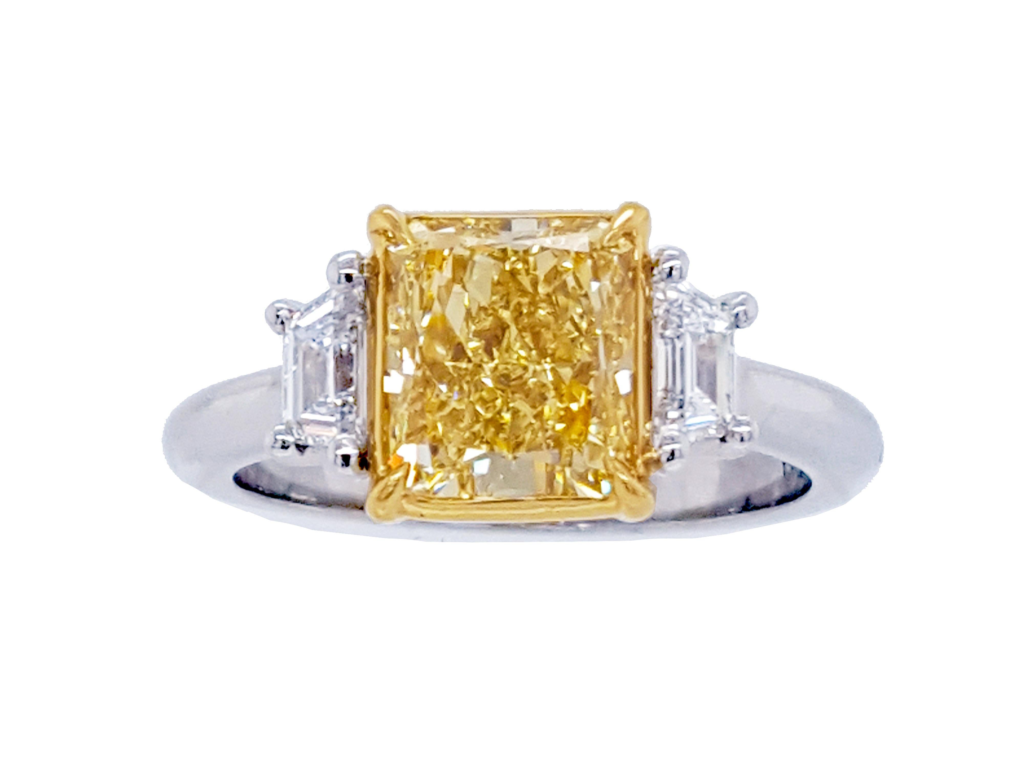 Radiant Cut 2.50 Carat Fancy Yellow Diamond Three-Stone Engagement Ring, GIA Report For Sale