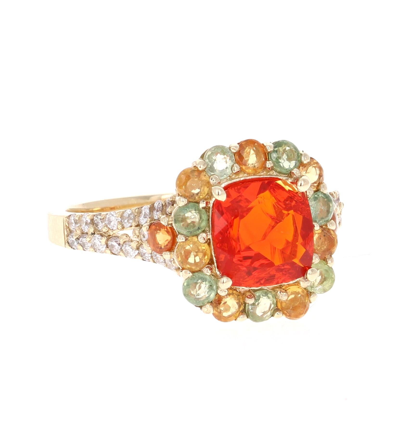 Beautiful 2.50 Carat Fire Opal, Multi-Sapphire and Diamond Cocktail Ring! 

This uniquely designed Ring has a 1.04 carat Cushion Cut Fire Opal in the center of the ring which is surrounded by 16 Round Cut Multi-Colored Sapphires in hues of Orange &