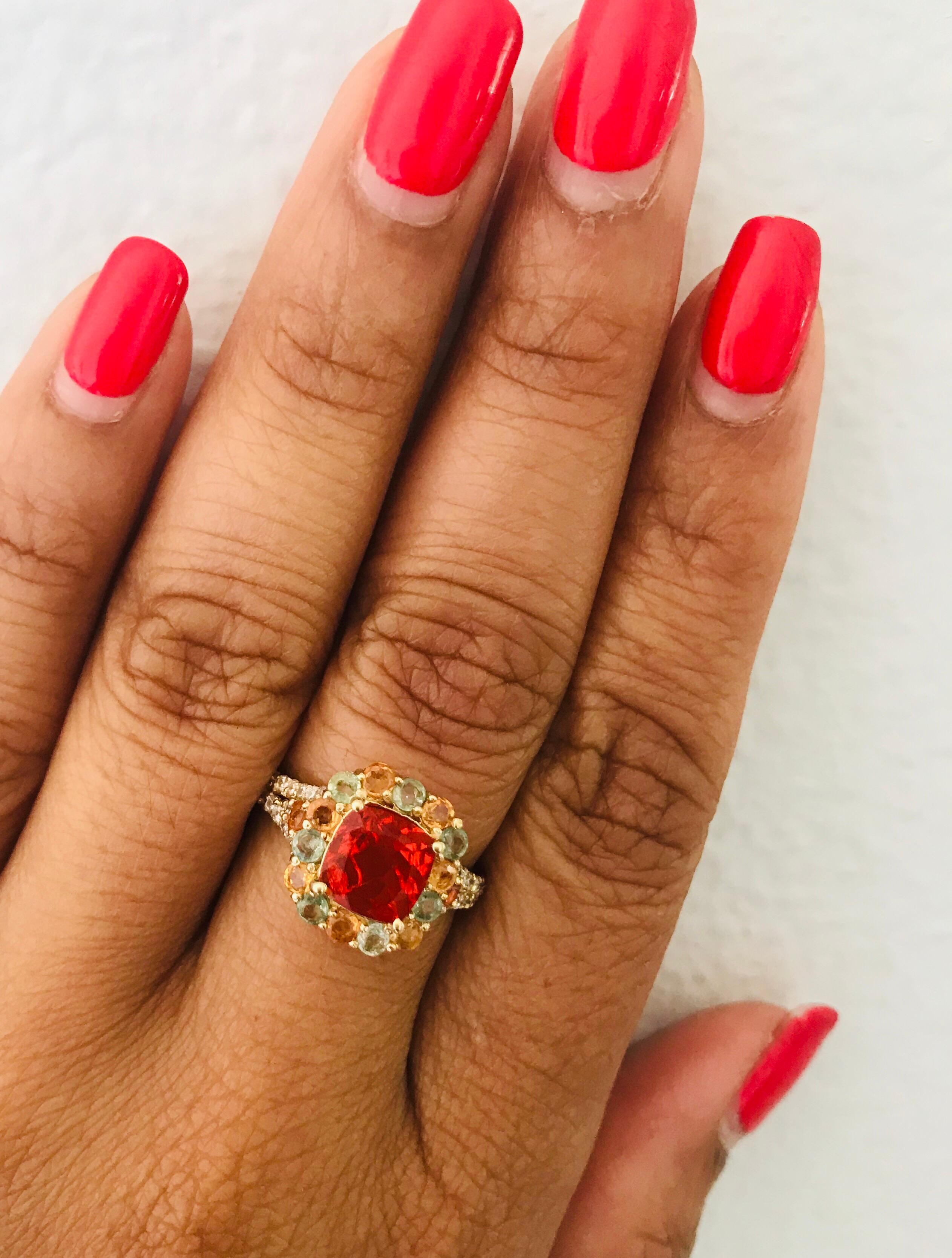 2.50 Carat Fire Opal Sapphire Diamond 14 Karat Yellow Gold Cocktail Ring In New Condition In Los Angeles, CA