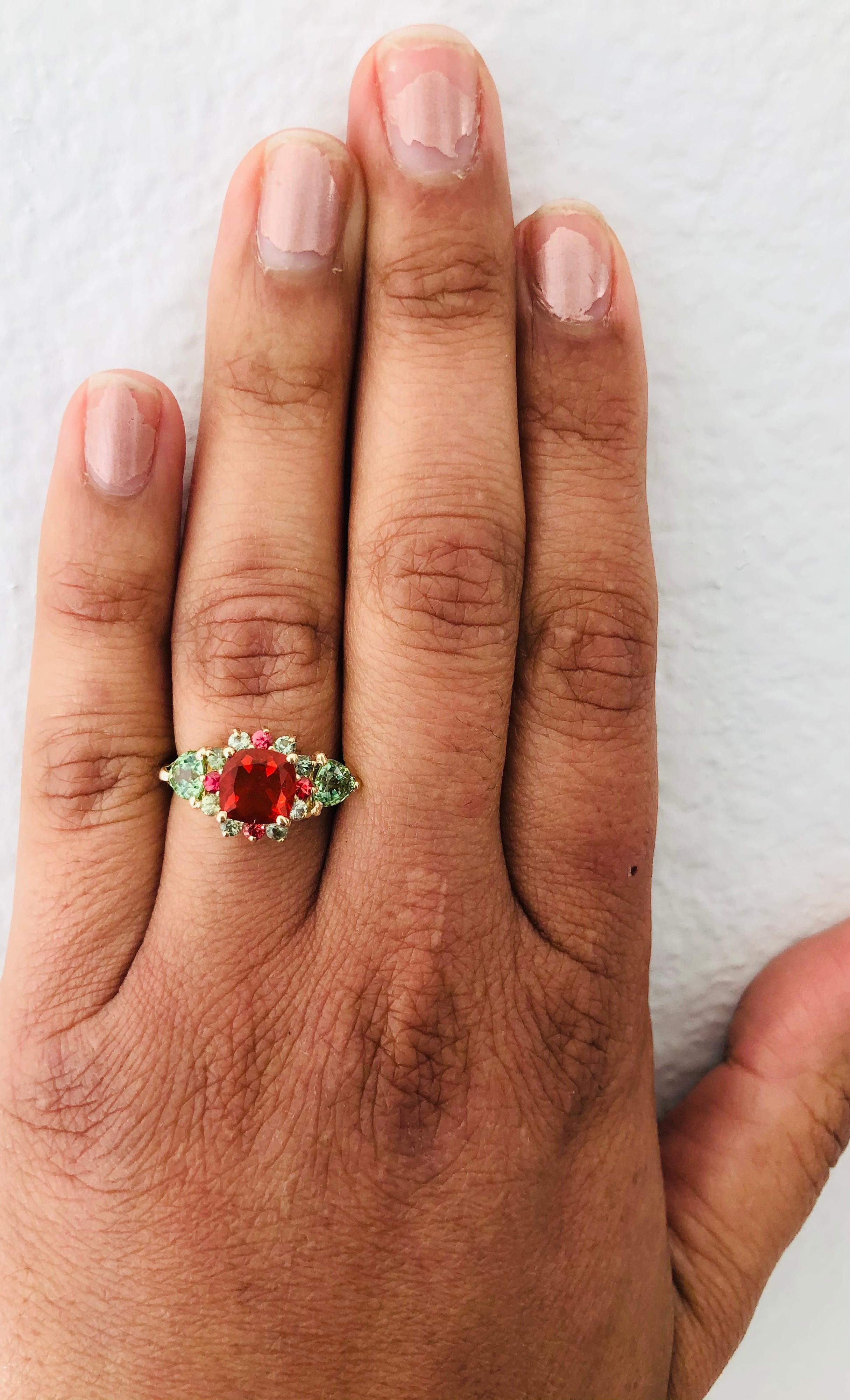 2.50 Karat Feuer Opal Tsavorit Saphir 14 Karat Gelbgold Verlobungsring 1