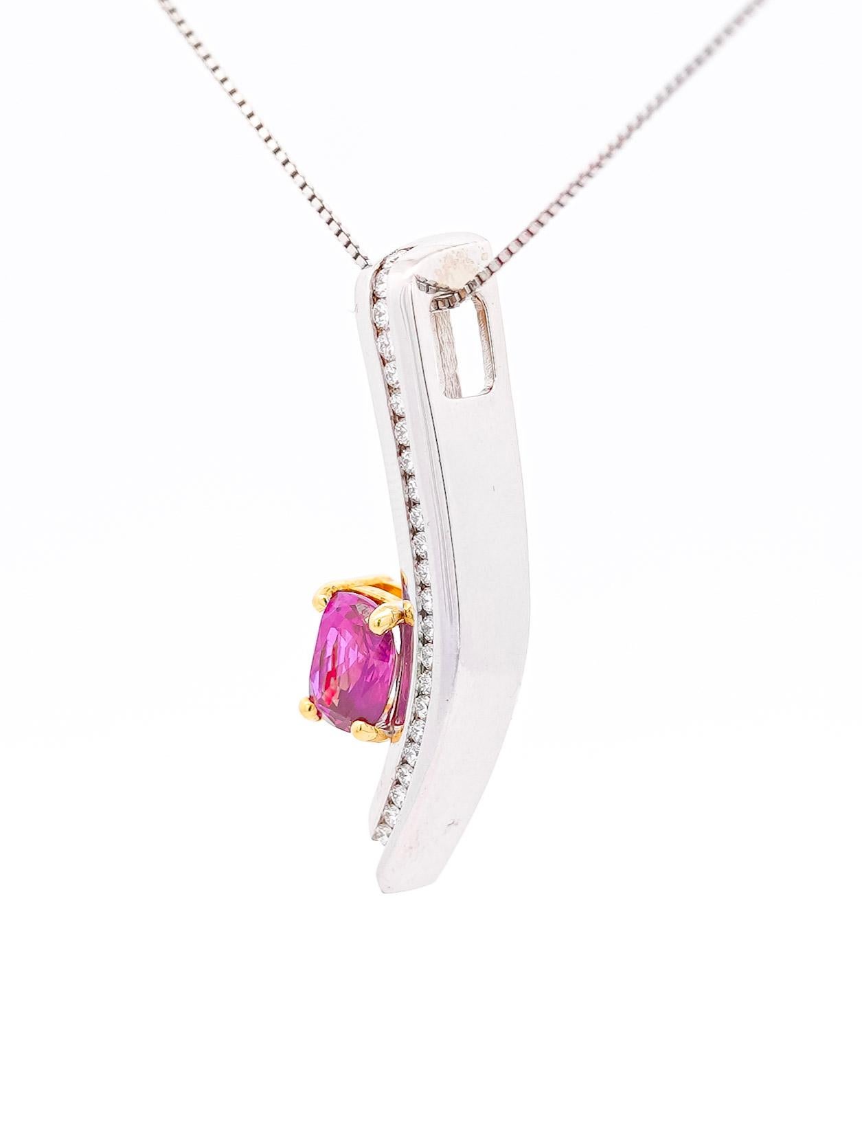 Art Deco  2.50 Carat GIA Certified Cushion-Cut Pink Sapphire and Diamond 18K Pendant For Sale