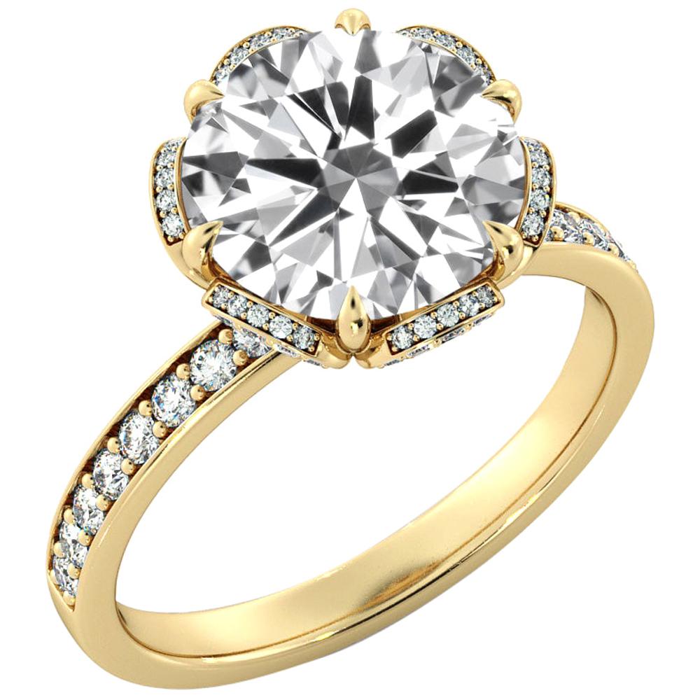 2.50 Carat GIA Round Diamond Engagement Ring, 18 Karat Yellow Gold Floral Ring