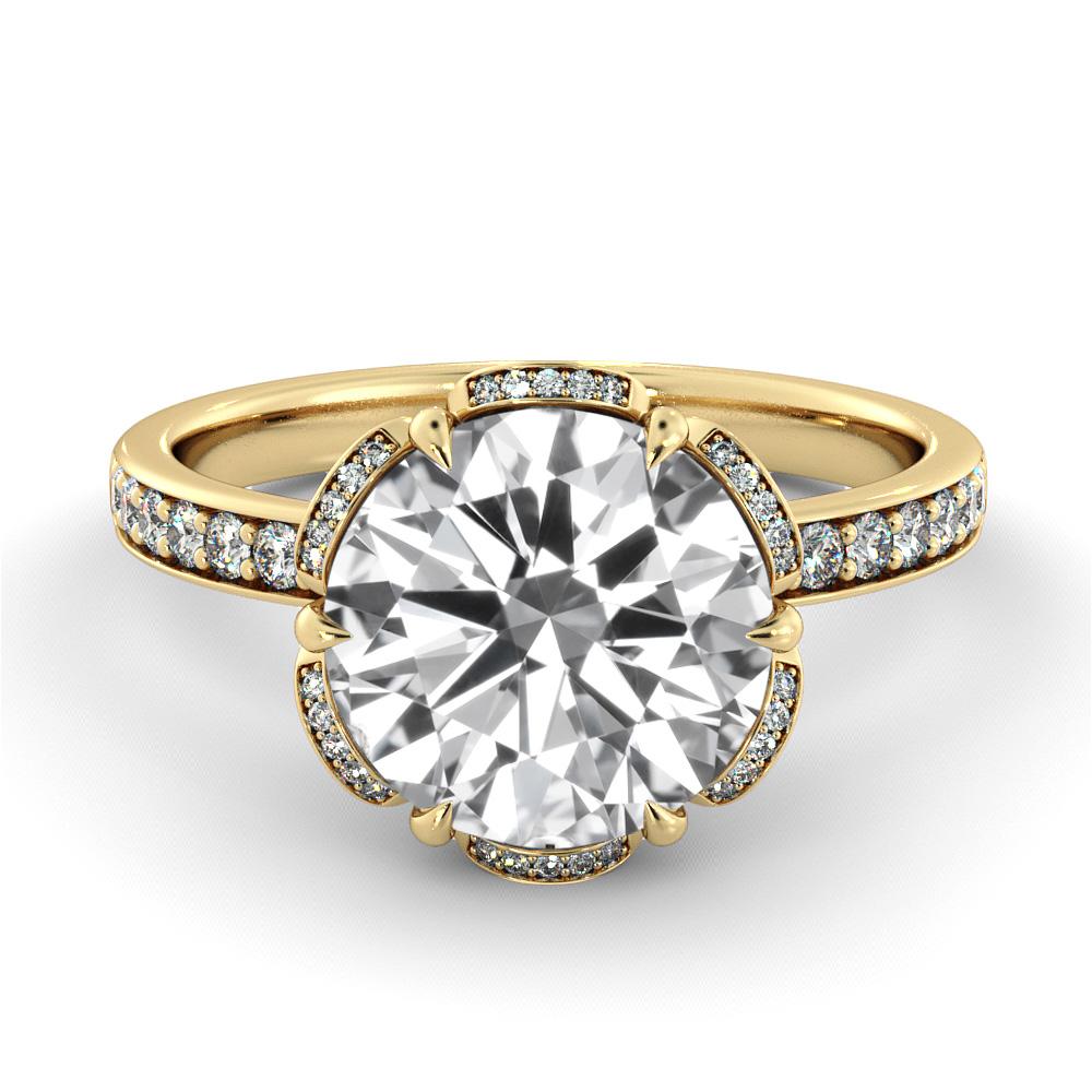 Art Deco 2.50 Carat GIA Round Diamond Engagement Ring, 18 Karat Yellow Gold Floral Ring