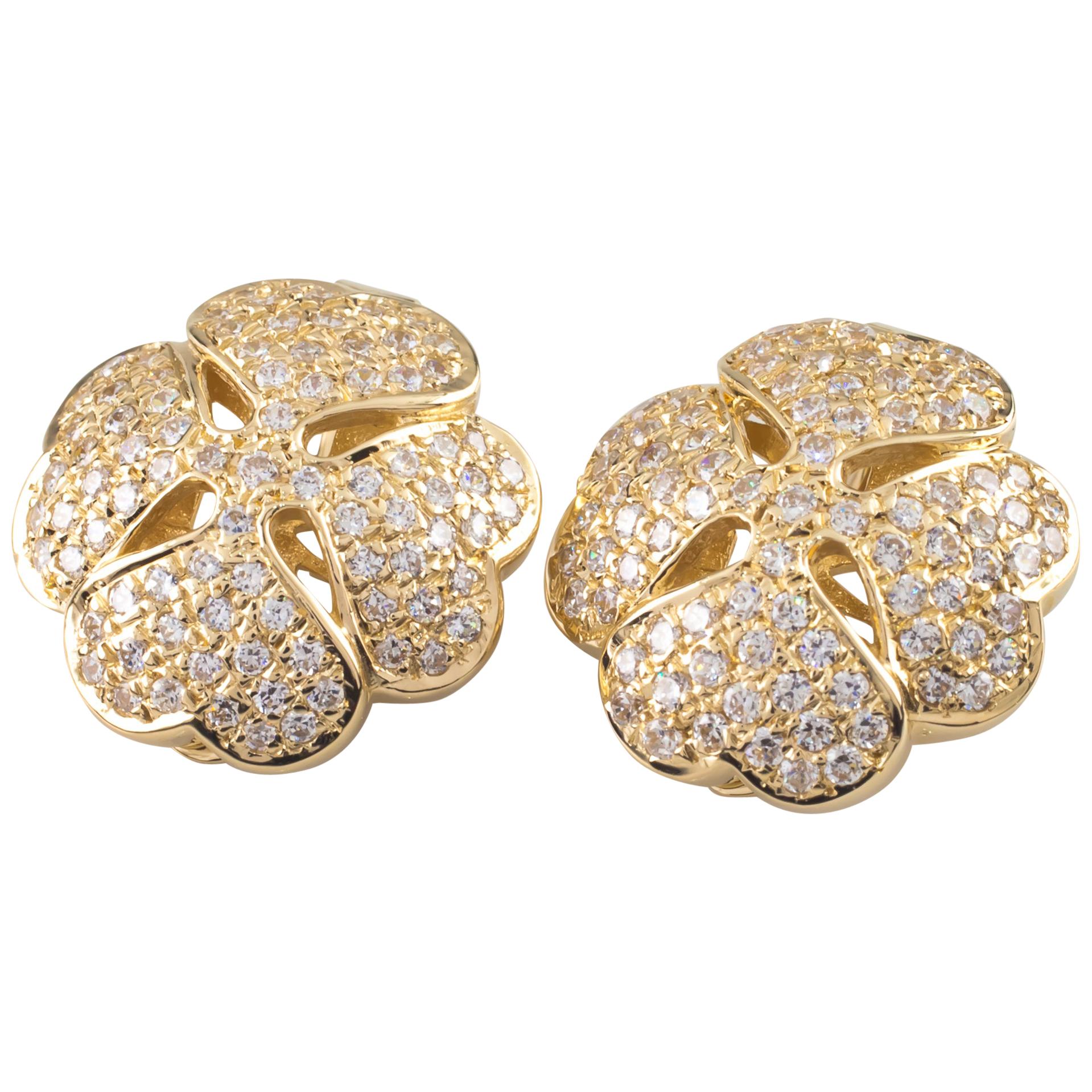 2.50 Carat Large Four Leaf Clover Pave Diamond Earrings in 14 Karat Yellow Gold
