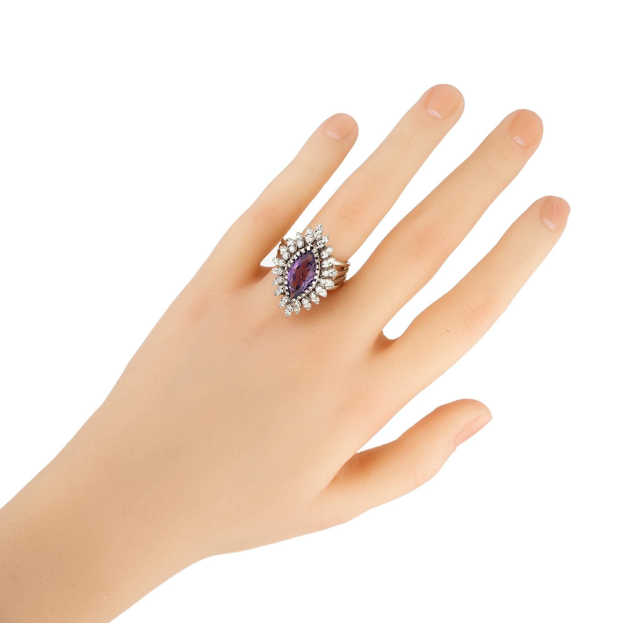 2.50 Carat Marquise Amethyst Diamond Halo Gold Cocktail Ring For Sale 2