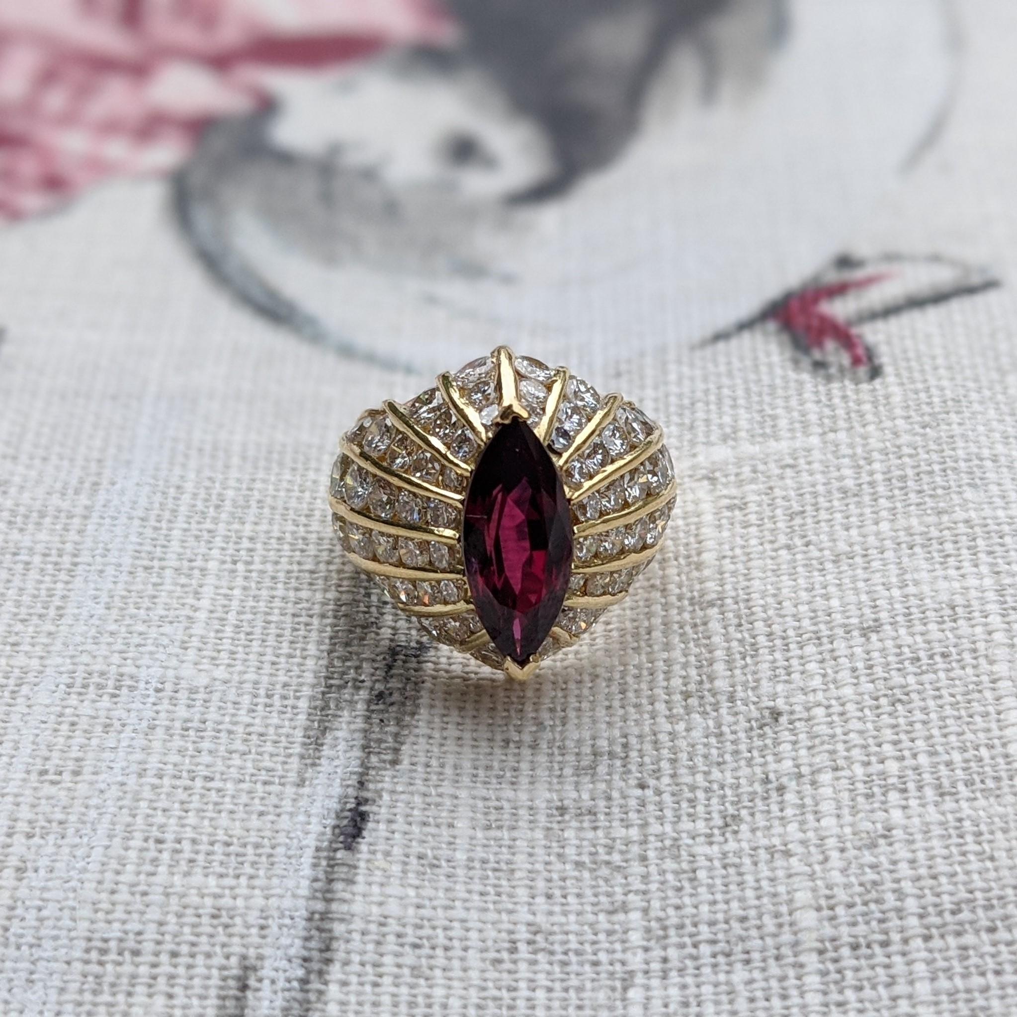 Marquise Cut 3 Carat Marquise Ruby and Diamond 18K Yellow Gold Dome Ring For Sale