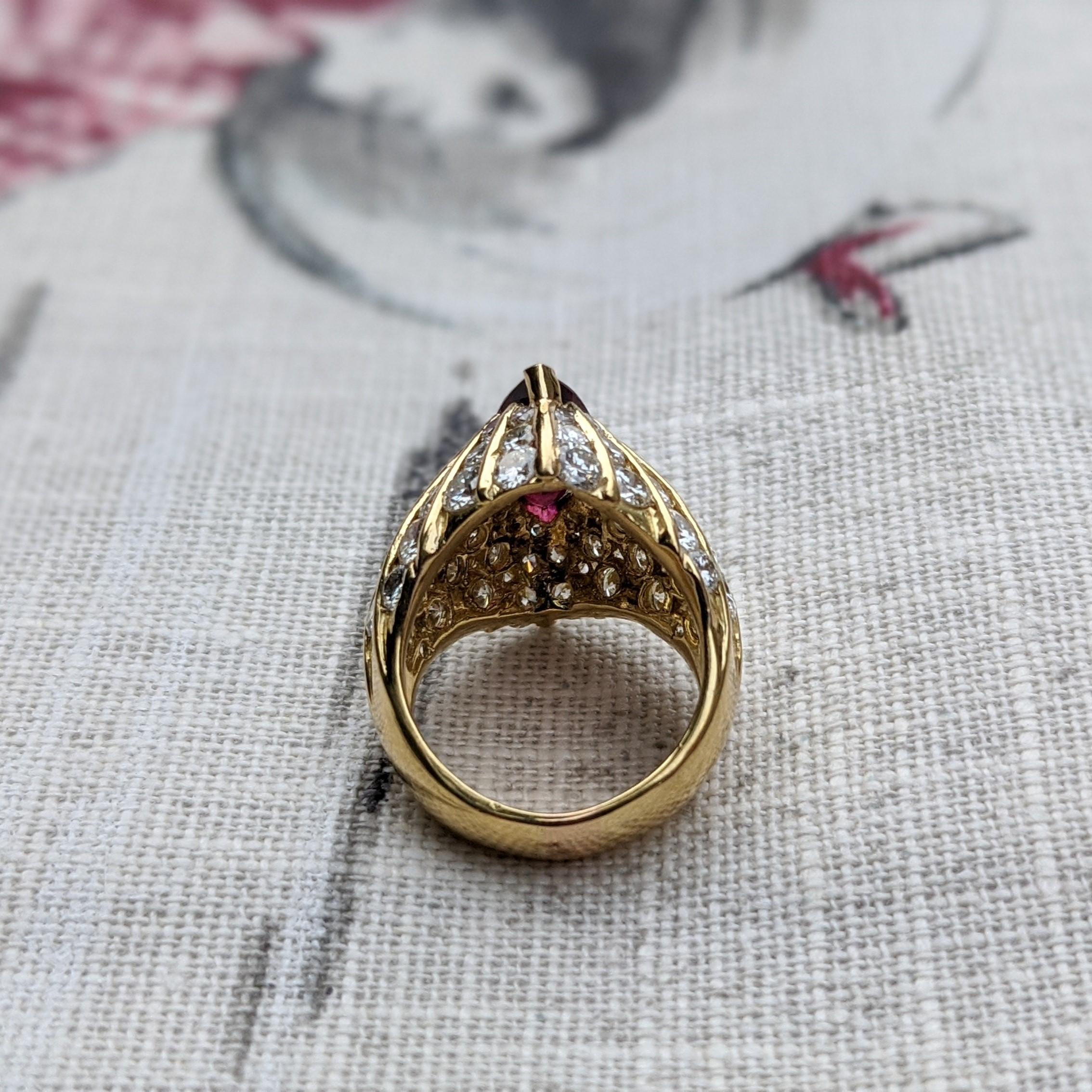 Women's 3 Carat Marquise Ruby and Diamond 18K Yellow Gold Dome Ring For Sale
