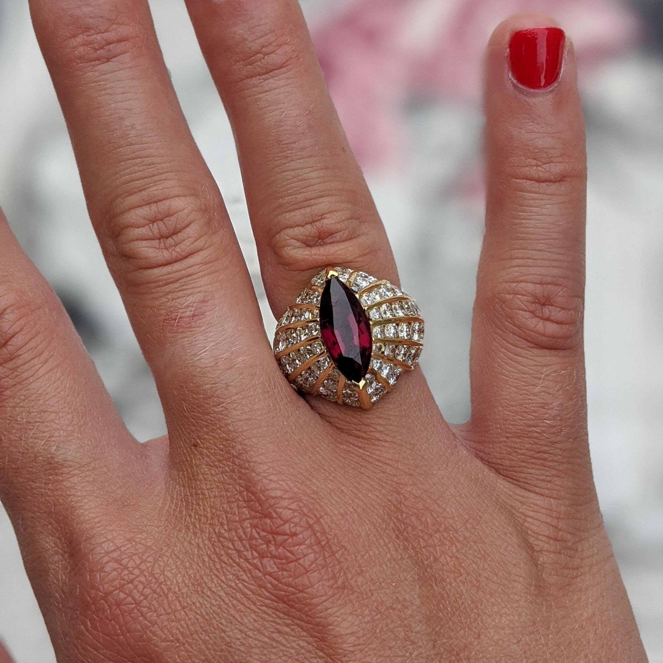 3 Carat Marquise Ruby and Diamond 18K Yellow Gold Dome Ring For Sale 1