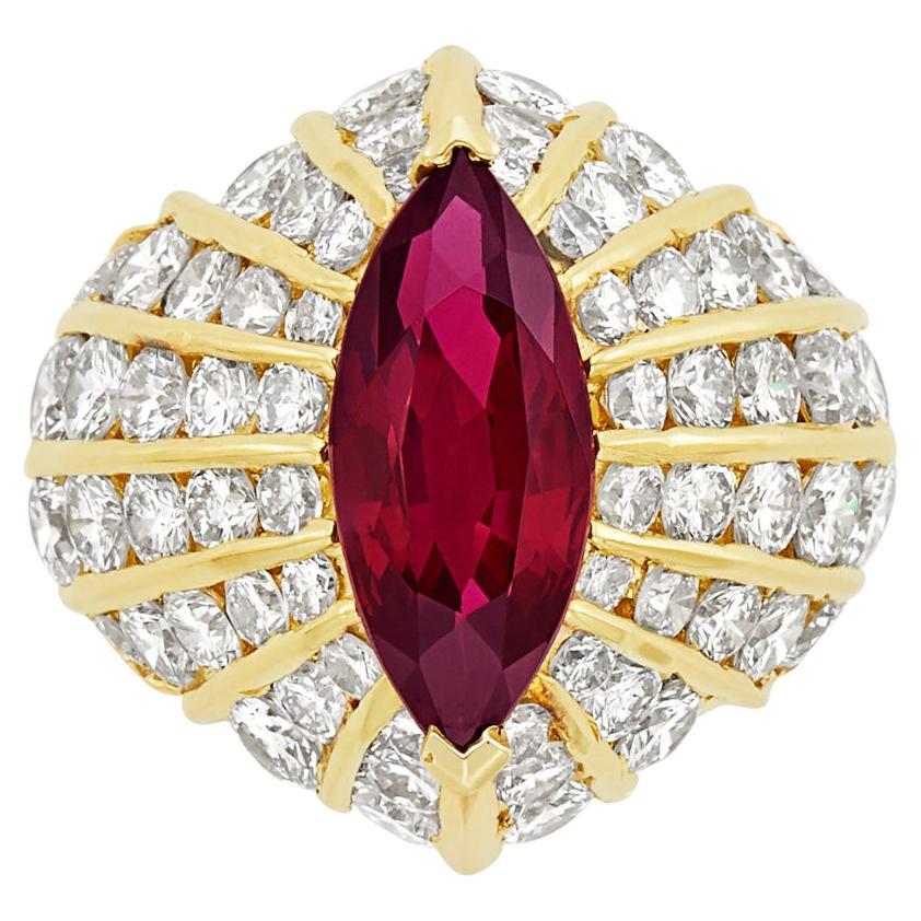 3 Carat Marquise Ruby and Diamond 18K Yellow Gold Dome Ring
