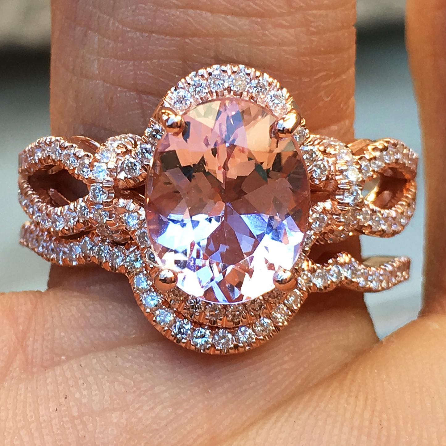 Ring will be made to order for your finger size, please allow 3-6 weeks.
Stunning 2.5+ Carat Oval Morganite set in a hand designed 14k Rose Gold.
AS013 - 0200003

Center Stone Details: 
Gem Type: Morganite
Carat weight:  2.5+
Shape: Oval
Color: