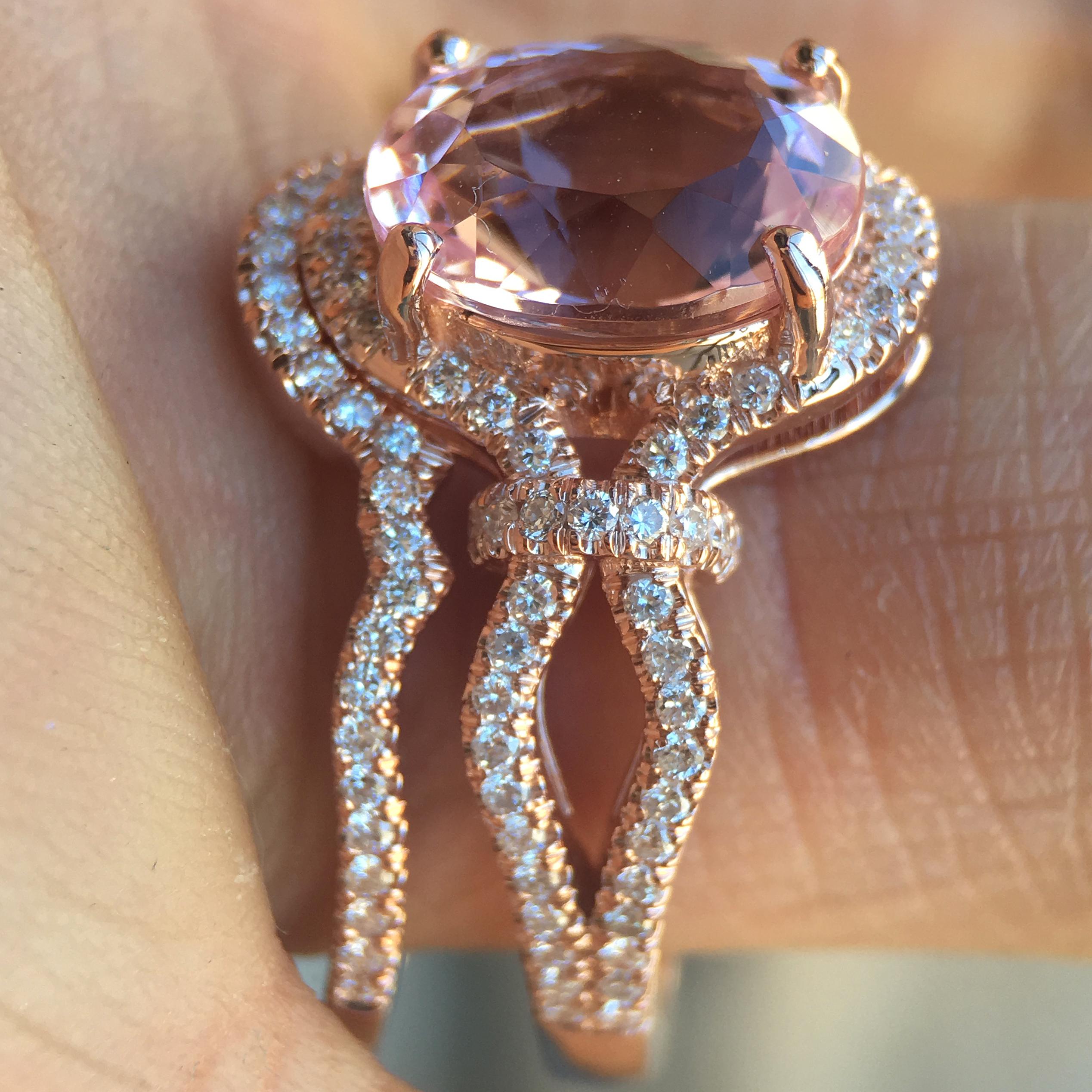 Modern 2.50+ Carat Morganite Diamond Ring Set in 14 Karat Rose, Ben Dannie For Sale