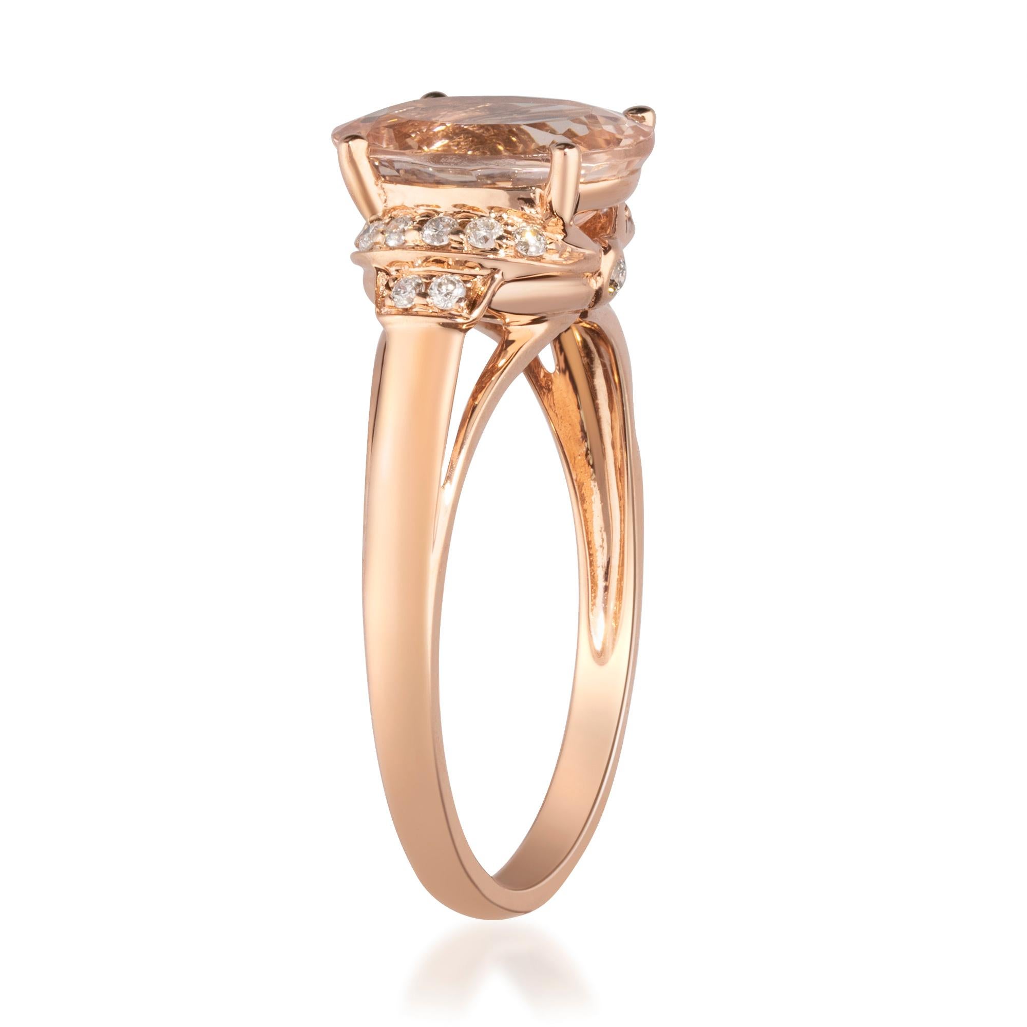 Tickle her pink with this oval-cut Genuine morganite and Gin& Grace Natural diamond ring. Offering a band crafted from 10k rose gold with a high-polish finish, the ring displays an impressive oval-cut Genuine morganite surrounded by 16 round-cut