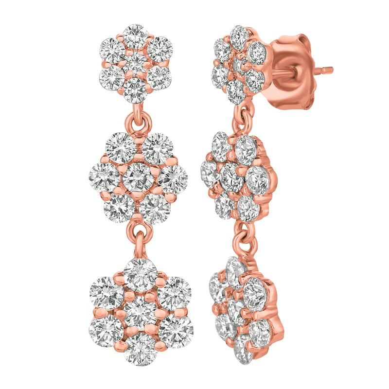 Boucles d'oreilles en goutte en or rose 14 carats avec fleur en diamants naturels de 2,50 carats G SI