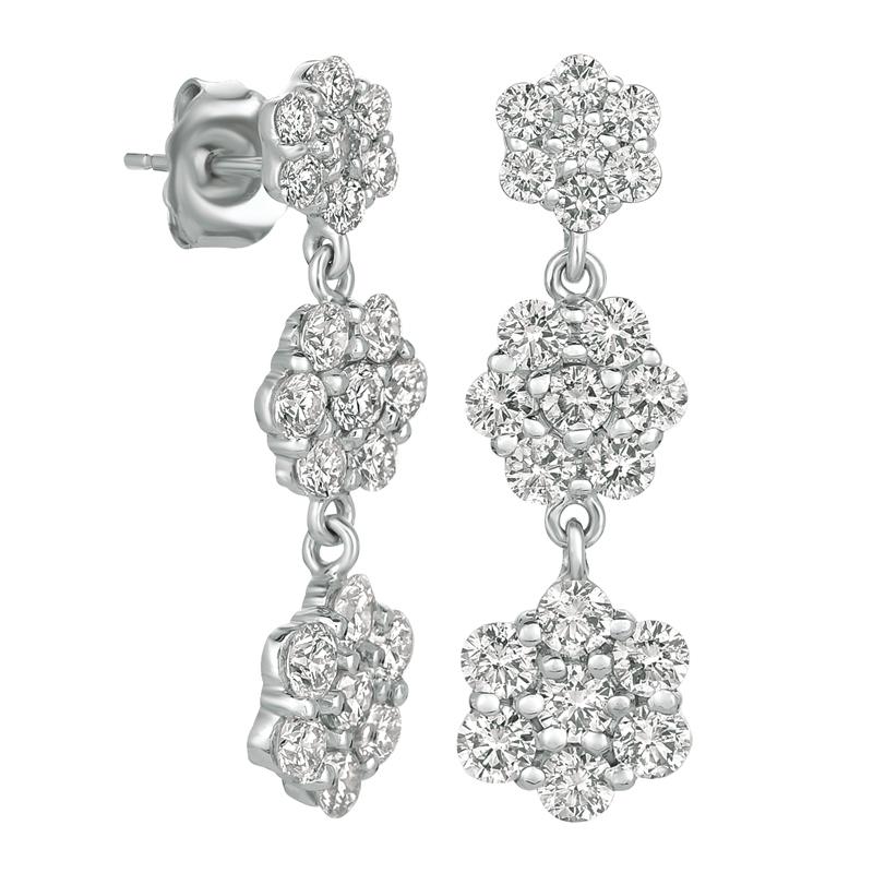 Round Cut 2.50 Carat Natural Diamond Flower Drop Earrings G SI 14 Karat White Gold For Sale