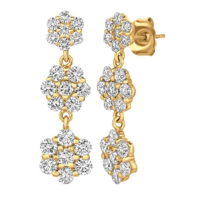 Boucles d'oreilles en goutte en or jaune 14 carats avec fleur en diamants naturels de 2,50 carats G SI