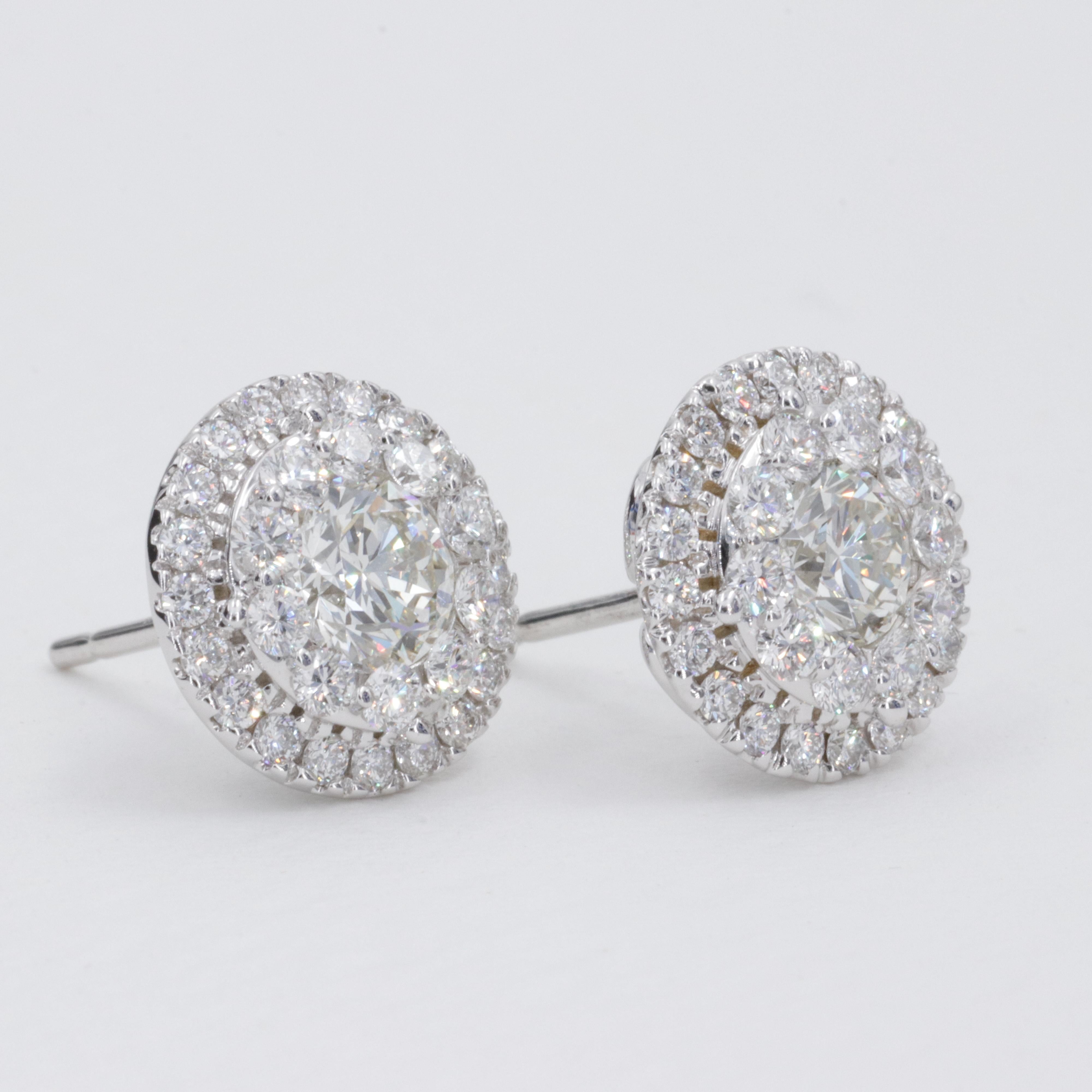 Round Cut 2.50 Carat Natural Diamond Halo Stud Earrings in White Gold  For Sale