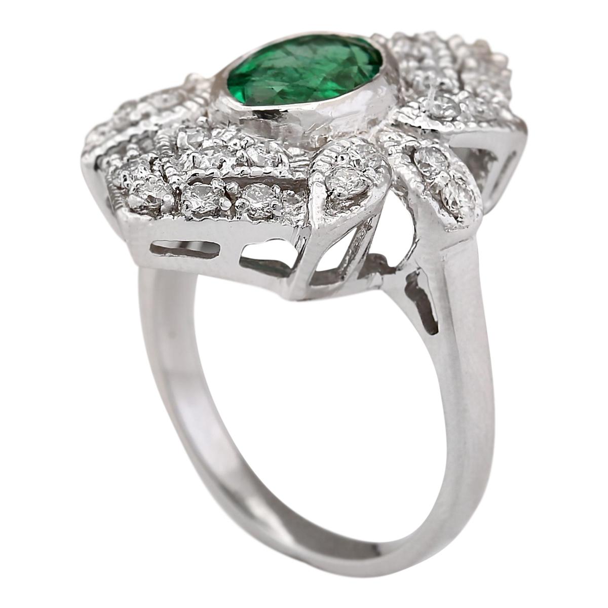 Oval Cut Natural Emerald 14 Karat White Gold Diamond Ring For Sale