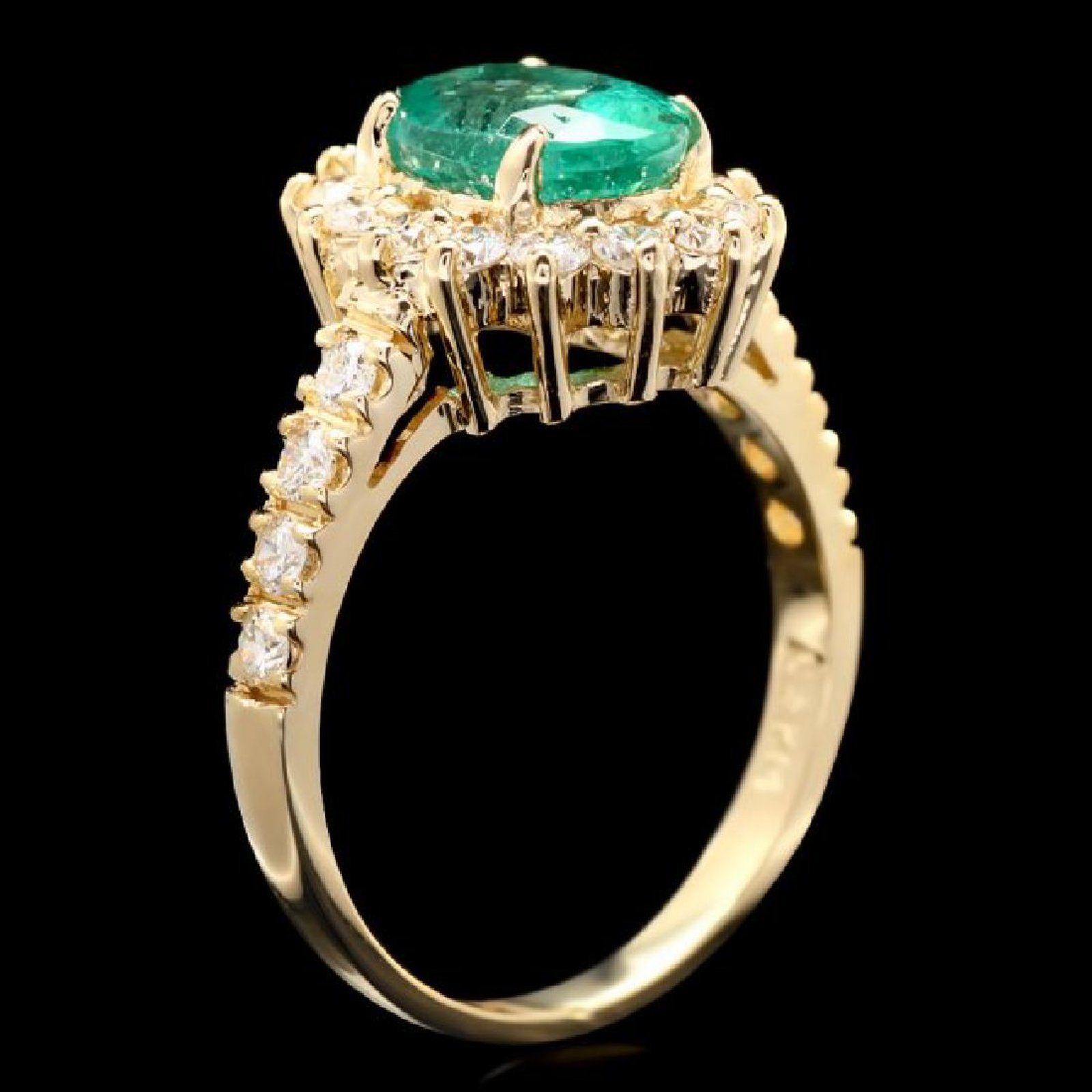 2.50 Carats Natural Emerald and Diamond 14K Solid Yellow Gold Ring

Total Natural Oval Green Emerald Weight is: Approx. 1.90 Carats (Emerald Treatment: Oiling)

Emerald Measures: 9.00 x 7.00mm

Natural Round Diamonds Weight: Approx. 0.60 Carats