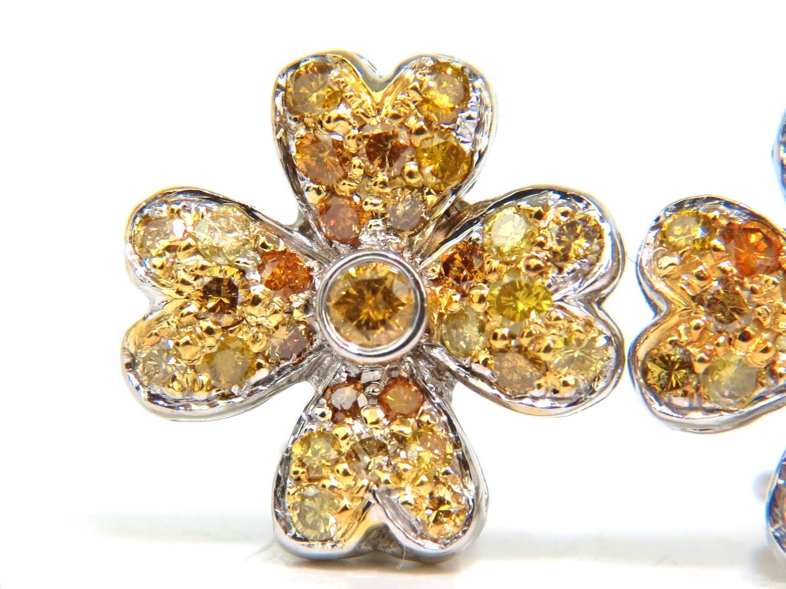 Women's or Men's 2.50 Carat Natural Fancy Color Diamonds Cluster Clover Earrings 14 Karat