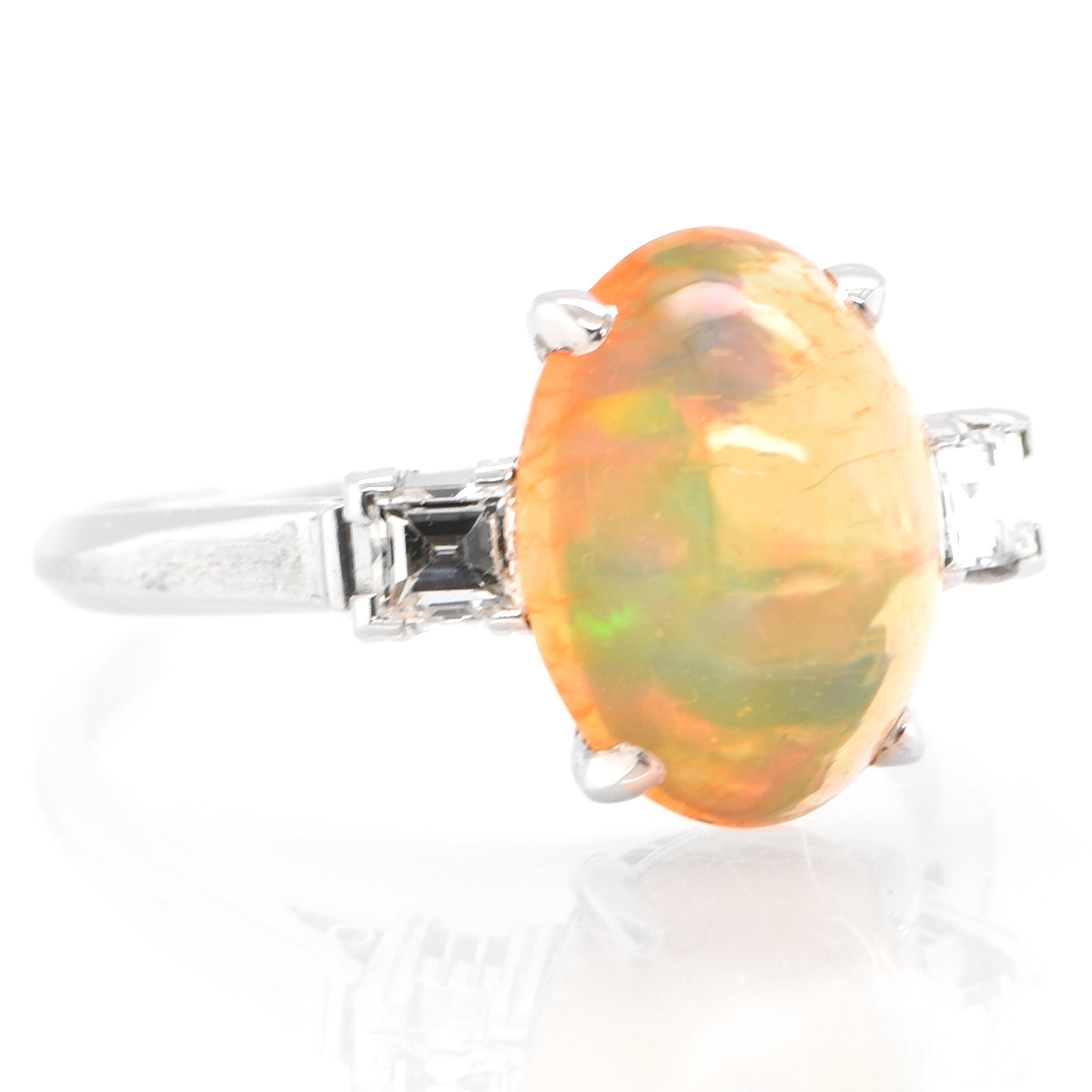 Modern 2.50 Carat Natural Fire / Cherry Opal and Diamond Ring Set in Platinum