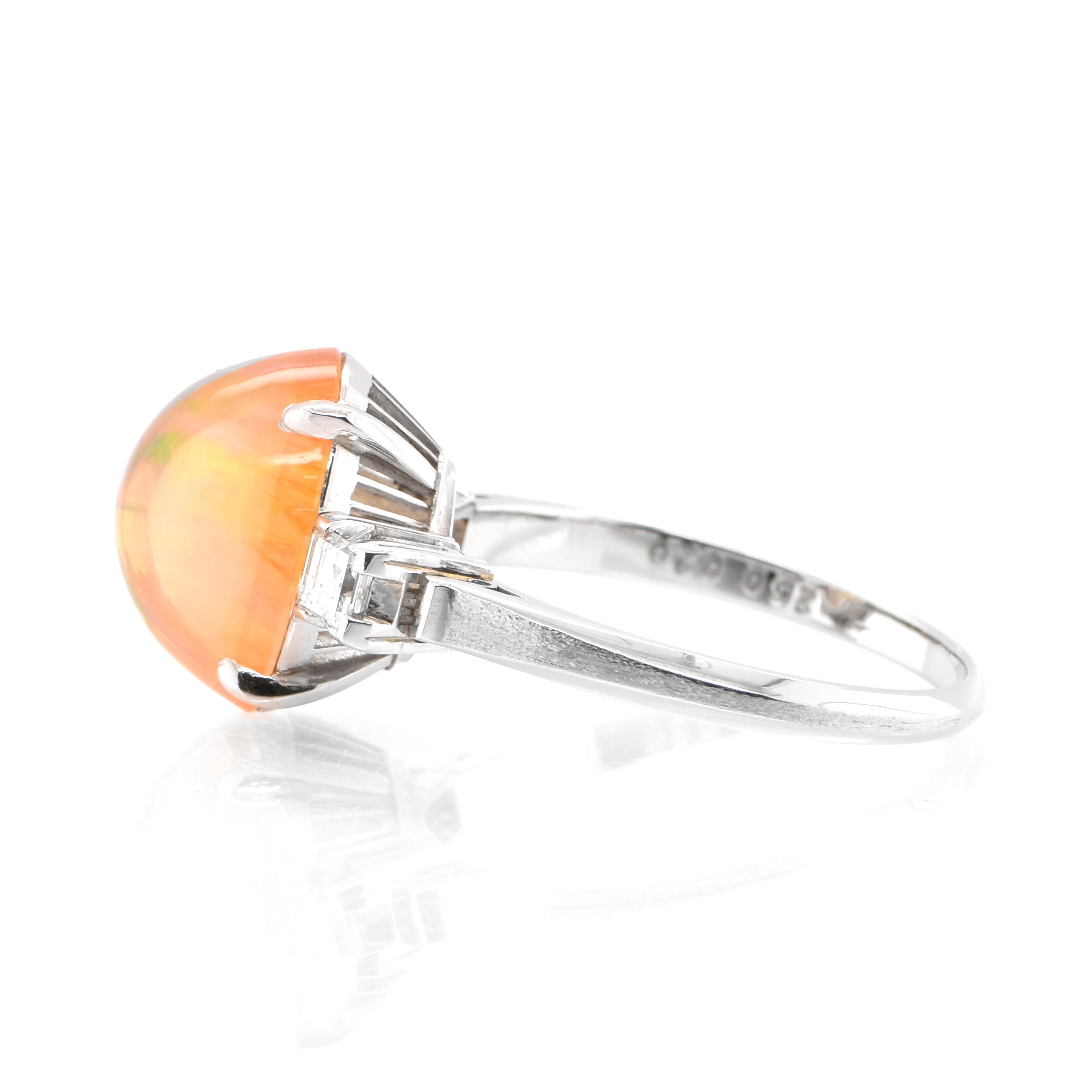 Cabochon 2.50 Carat Natural Fire / Cherry Opal and Diamond Ring Set in Platinum