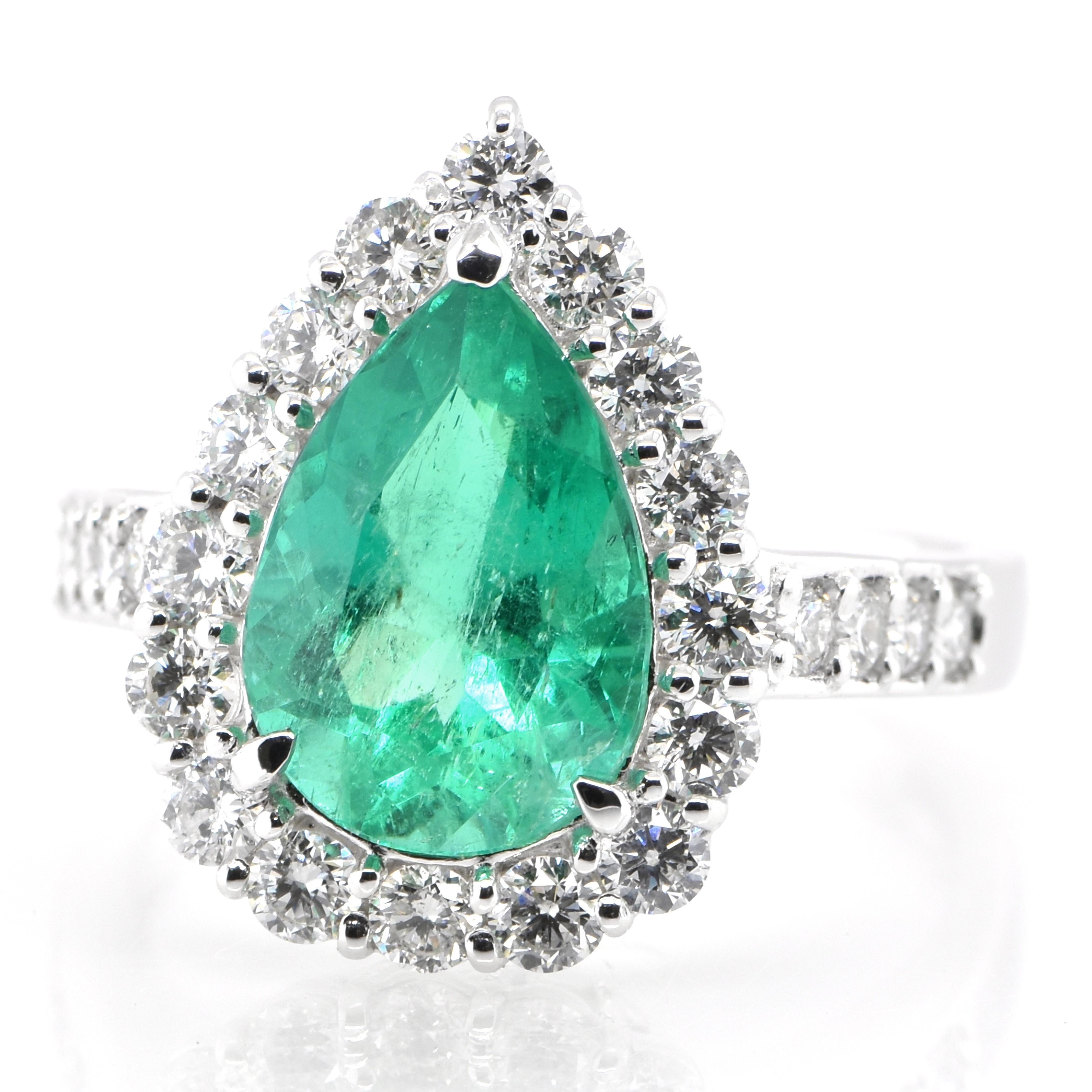 A stunning ring featuring a 2.50 Carat Natural Pear-Cut Emerald and 0.94 Carats of Diamond Accents set in Platinum. People have admired emerald’s green for thousands of years. Emeralds have always been associated with the lushest landscapes and the