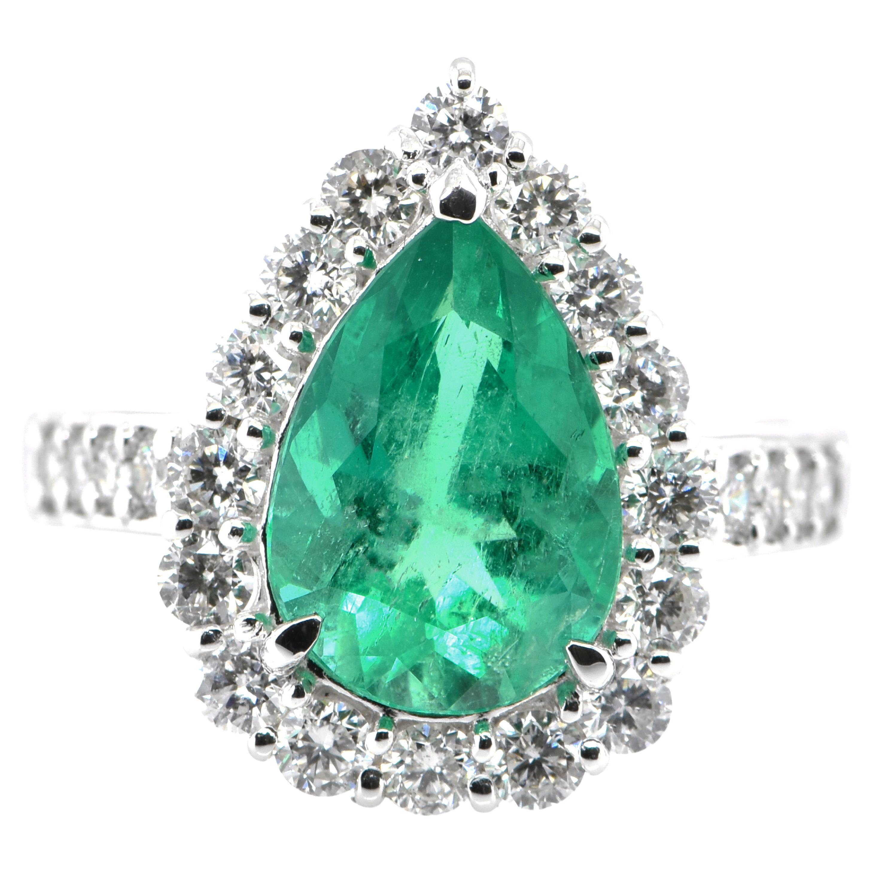 2.50 Carat Natural Pear-Cut Emerald and Diamond Ring Set in Platinum