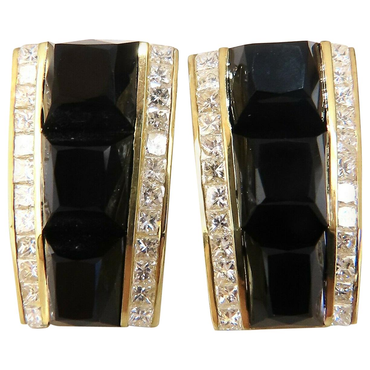 2,50 Karat natürliche Diamanten im Prinzessinnenschliff Jet Black Onyx Clip-Ohrringe 18 Karat