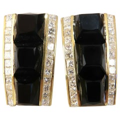 Clips d'oreilles en or 18 carats avec diamants taille princesse de 2,50 carats et onyx noir jais
