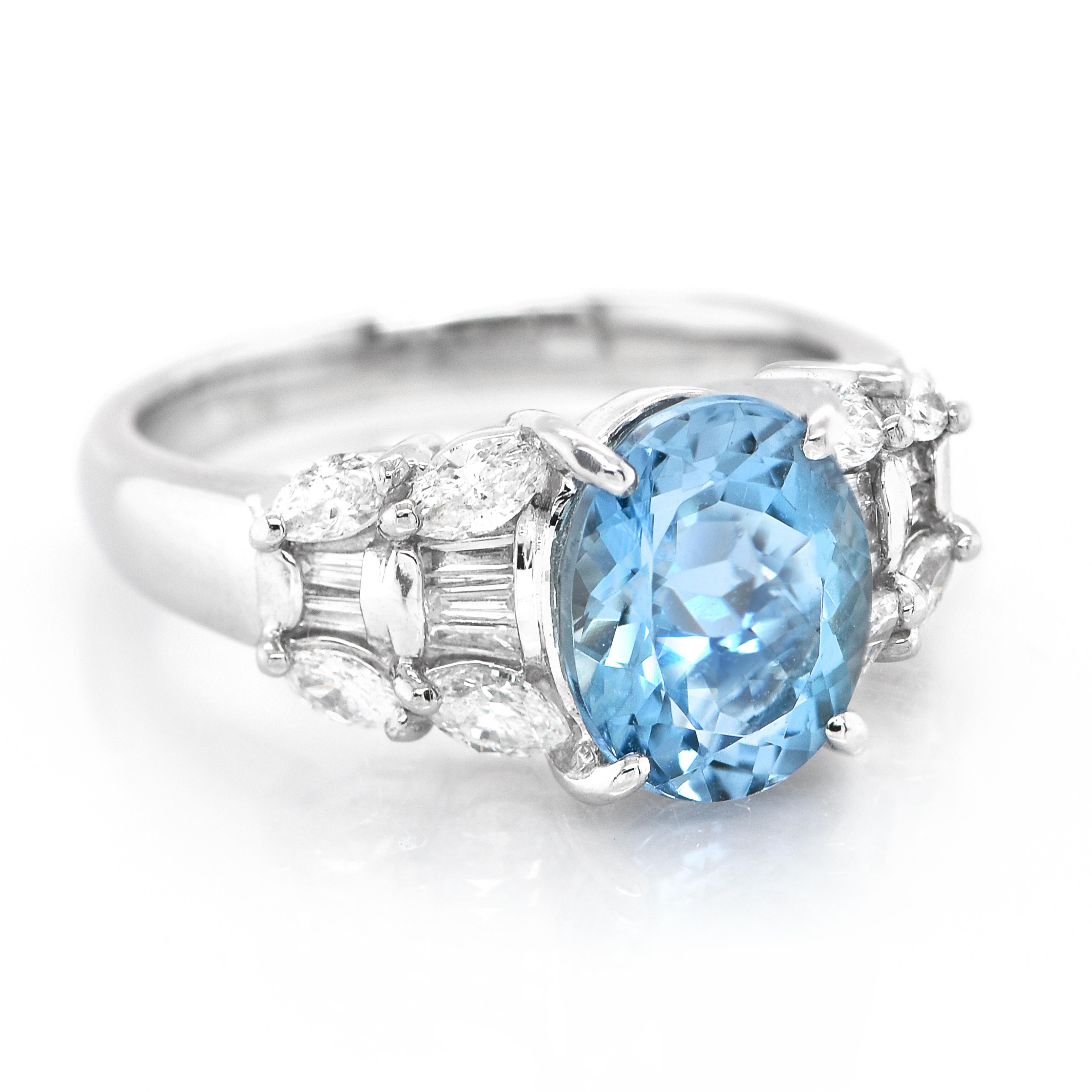 A beautiful Cocktail Ring featuring a 2.50 Carat, Natural, Santa Maria Color Aquamarine and 0.70 Carats of Diamond Accents set in Platinum. Aquamarines have been prized gems throughout human history for their cool blue color. They historically come