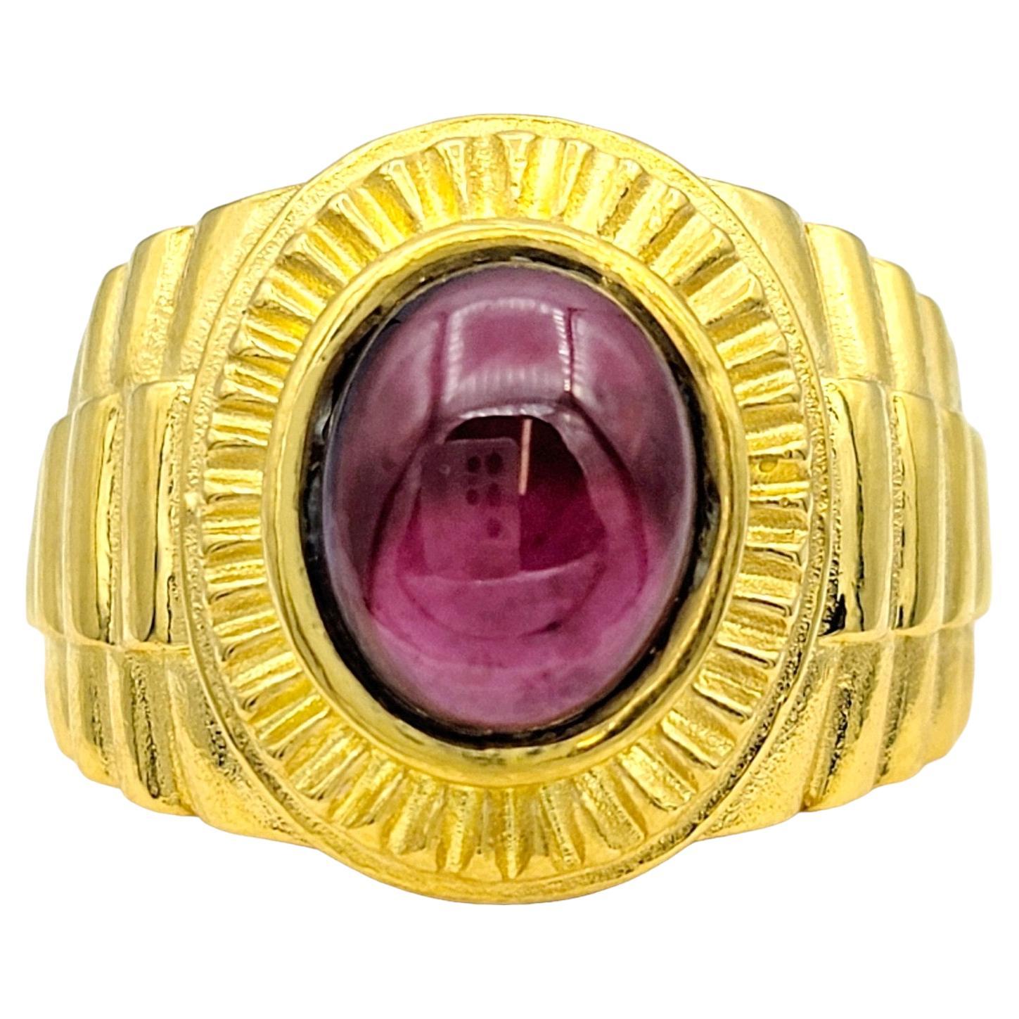 2.50 Carat Oval Cabochon Garnet Solitaire Cocktail Ring in 24 Karat Yellow Gold For Sale
