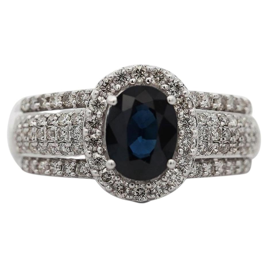 2.50 Carat Oval Cut Blue Sapphire & Diamond Halo in 14K White Gold Vintage Ring