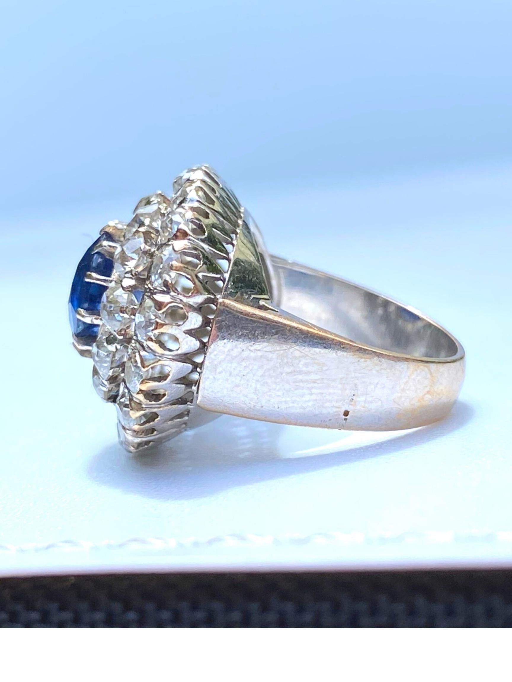 2.50 Carat Oval Cut Burma Sapphire and Diamond Victorian Era Platinum Ring For Sale 1