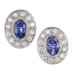 2.50 Carat Oval Purple Blue Tanzanite Pave Diamond Halo Gold Clip Earrings