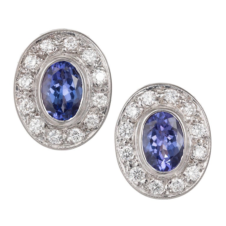 2 50 Carat Oval Purple Blue Tanzanite Pave Diamond Halo Gold Clip 2 50 Carat Oval Purple Blue Tanzanite Pave Diamond Halo Gold Clip Earrings For