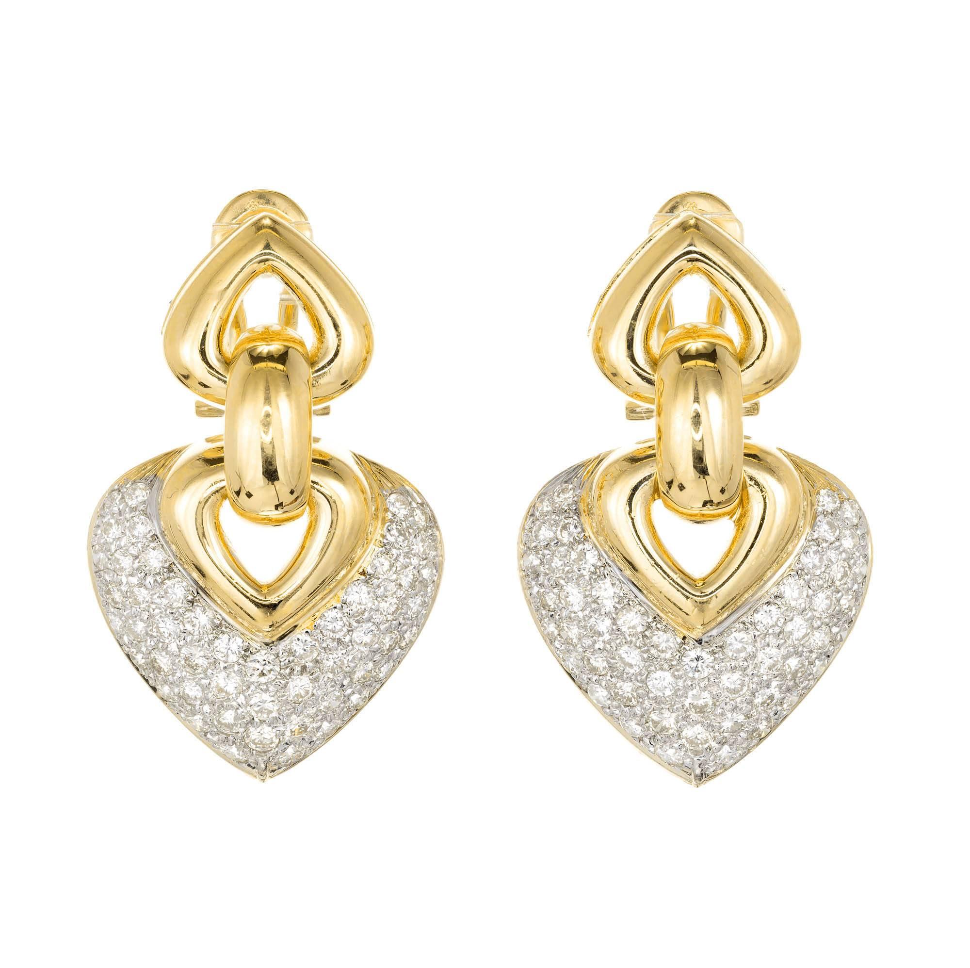 2.50 Carat Pave Diamond Two-Tone Gold Shield Shape Dangle Earrings