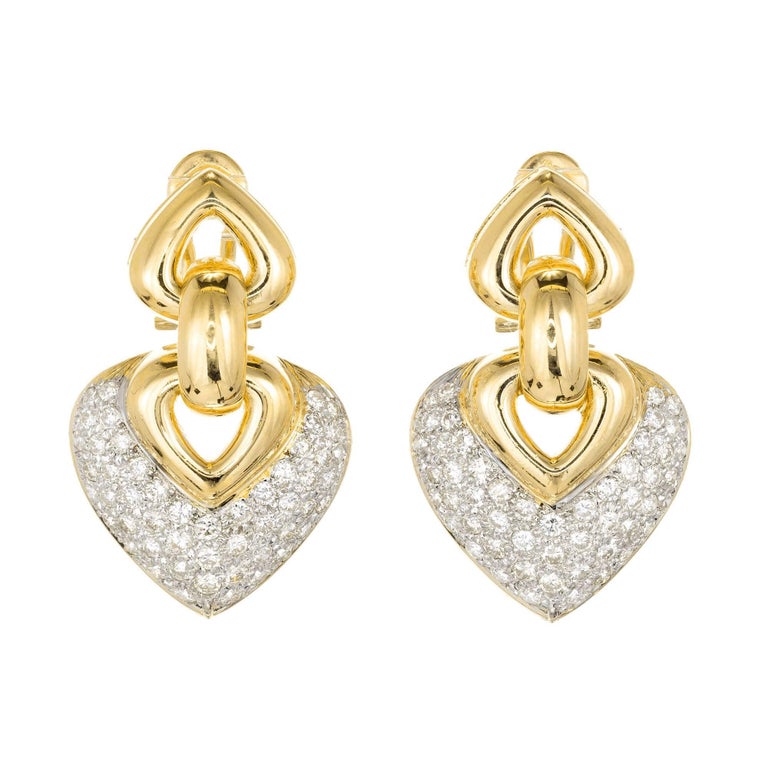 2.50 Carat Pave Diamond TwoTone Gold Shield Shape Dangle Earrings For